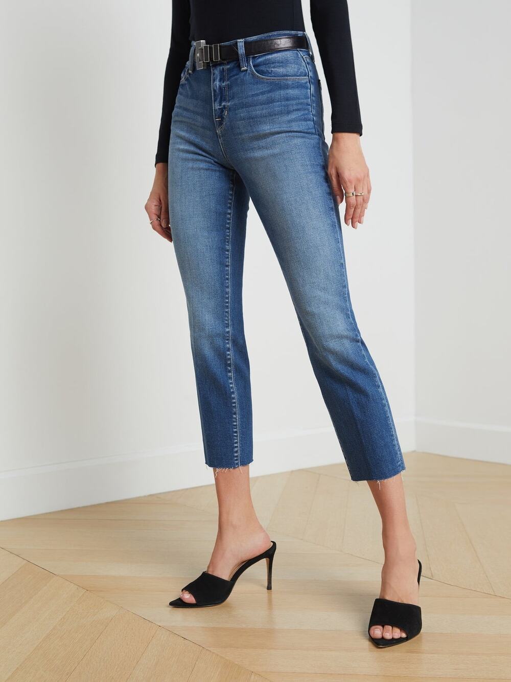 L’Agence Sada Slim Leg Cropped High Rise Raw Hem Denim Blue Jeans Size 24
